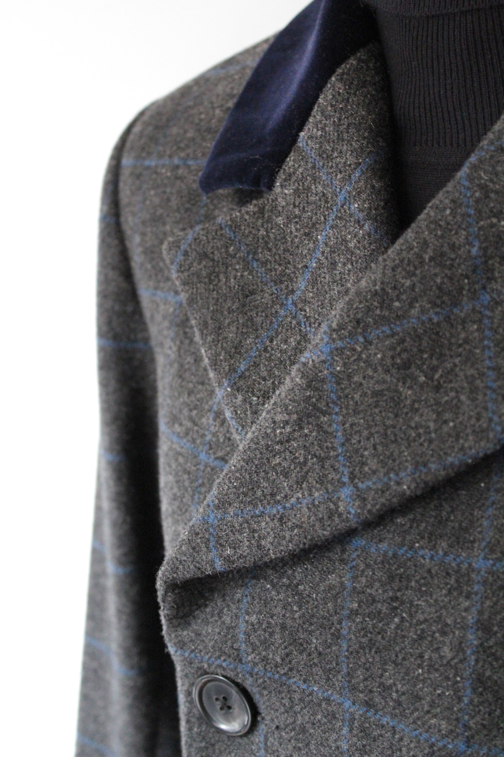 Charcoal grey with blue over-check vented-back overcoat – Mendoza Menswear