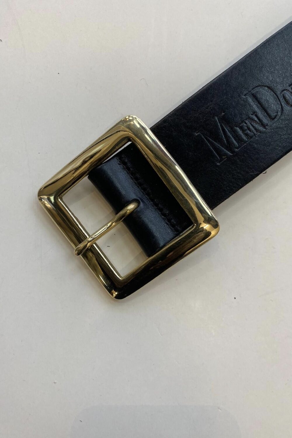 Black leather belt w/ gold square buckle